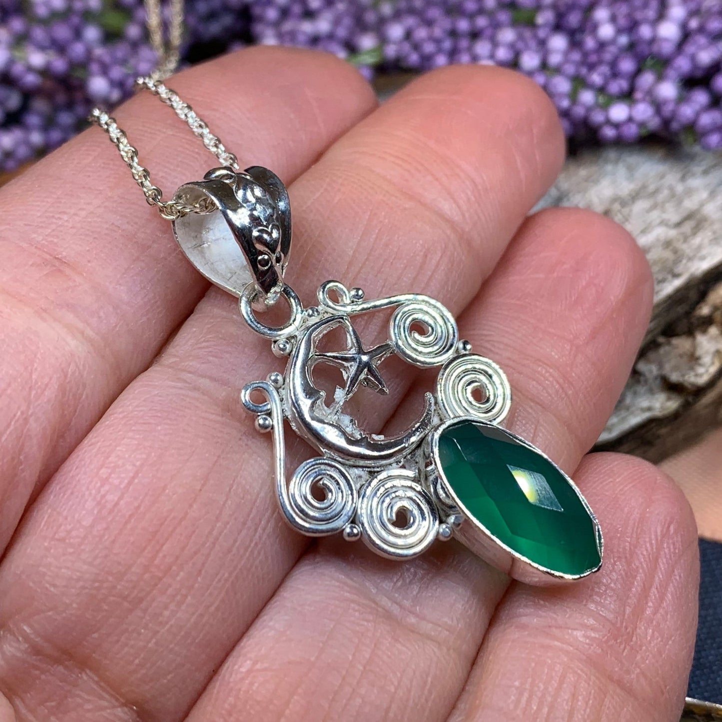 Moon Necklace, Celtic Knot Jewelry, Celtic Jewelry, Anniversary Gift, Wiccan Jewelry, Pagan Necklace, Celestial Jewelry, Chalcedony Jewelry
