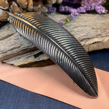 Load image into Gallery viewer, Feather Hair Clip, Celtic Barrette, Bird Jewelry, Pagan Jewelry, Friendship Gift, Wiccan Jewelry, Pewter barrette, Nature Barrette, Mom Gift