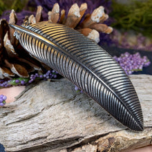 Load image into Gallery viewer, Feather Hair Clip, Celtic Barrette, Bird Jewelry, Pagan Jewelry, Friendship Gift, Wiccan Jewelry, Pewter barrette, Nature Barrette, Mom Gift