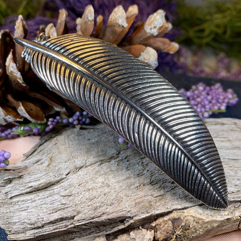 Load image into Gallery viewer, Feather Hair Clip, Celtic Barrette, Bird Jewelry, Pagan Jewelry, Friendship Gift, Wiccan Jewelry, Pewter barrette, Nature Barrette, Mom Gift