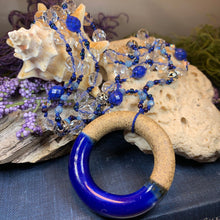 Load image into Gallery viewer, Coastal Blues Long Necklace, Hand Knotted Necklace, Handmade Mala Necklace, Boho Necklace, Yoga Jewelry, Art Deco Necklace, Mom Gift