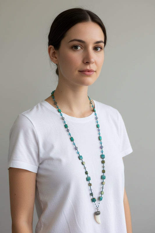 Santorini Breeze Long Necklace, Hand Knotted Necklace, Handmade Mala Necklace, Boho Necklace, Yoga Jewelry, Art Deco Necklace, Mom Gift
