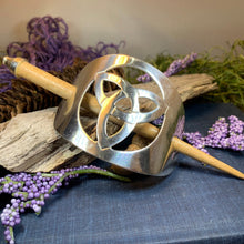 Load image into Gallery viewer, Trinity Knot Hair Slide, Celtic Jewelry, Irish Barrette, Wiccan Jewelry, Bun Holder, Mom Gift, Wife Gift, Shawl Pin, Norse Jewelry