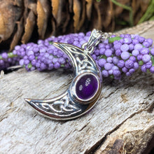 Load image into Gallery viewer, Moon Necklace, Celtic Jewelry, Celestial Jewelry, Wiccan Jewelry, Garnet Pendant, Crescent Moon Pendant, Irish Jewelry, Anniversary Gift