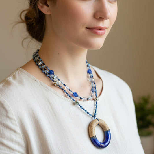 Coastal Blues Long Necklace, Hand Knotted Necklace, Handmade Mala Necklace, Boho Necklace, Yoga Jewelry, Art Deco Necklace, Mom Gift