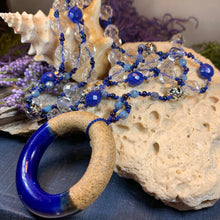 Load image into Gallery viewer, Coastal Blues Long Necklace, Hand Knotted Necklace, Handmade Mala Necklace, Boho Necklace, Yoga Jewelry, Art Deco Necklace, Mom Gift