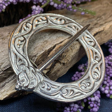 Load image into Gallery viewer, Celtic Brooch, Scotland Jewelry, Celtic Jewelry, Anniversary Gift, Outlander Jewelry, Flower Pin, Penannular Brooch, Irish Pin, Pewter Pin