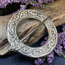 Load image into Gallery viewer, Celtic Brooch, Scotland Jewelry, Celtic Jewelry, Anniversary Gift, Outlander Jewelry, Flower Pin, Penannular Brooch, Irish Pin, Pewter Pin