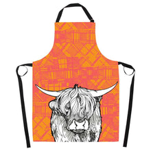 Load image into Gallery viewer, Highland Cow Apron, Scotland Gift, Scottish Apron, Thistle Gift, Bagpiper Gift, Outlander Gift, Highland Cow Gift, Mom Gift, Sister Gift