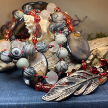 Load image into Gallery viewer, Red Skies Feather Long Necklace, Hand Knotted Necklace, Handmade Mala Necklace, Boho Necklace, Yoga Jewelry, Art Deco Necklace, Mom Gift