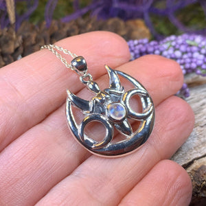 Moon Necklace, Triple Moon Pendant, Goddess Pendant, Celtic Jewelry, Anniversary Gift, Celestial Jewelry, Moonstone Necklace, Irish Jewelry