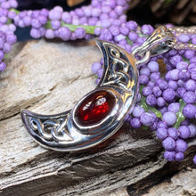 Load image into Gallery viewer, Moon Necklace, Celtic Jewelry, Celestial Jewelry, Wiccan Jewelry, Garnet Pendant, Crescent Moon Pendant, Irish Jewelry, Anniversary Gift