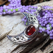 Load image into Gallery viewer, Moon Necklace, Celtic Jewelry, Celestial Jewelry, Wiccan Jewelry, Garnet Pendant, Crescent Moon Pendant, Irish Jewelry, Anniversary Gift