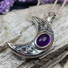 Load image into Gallery viewer, Moon Necklace, Celtic Jewelry, Celestial Jewelry, Wiccan Jewelry, Garnet Pendant, Crescent Moon Pendant, Irish Jewelry, Anniversary Gift