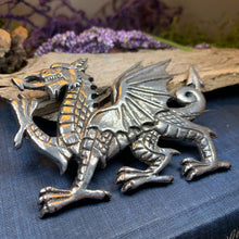Load image into Gallery viewer, Welsh Dragon Brooch, Wales Jewelry, Extra Large Celtic Pin, Grooms Gift, Father's Day Gift, Celtic Pin, Pagan Brooch, Plaid Pin, Tartan Pin