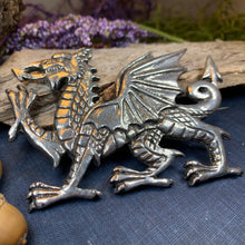Load image into Gallery viewer, Welsh Dragon Brooch, Wales Jewelry, Extra Large Celtic Pin, Grooms Gift, Father's Day Gift, Celtic Pin, Pagan Brooch, Plaid Pin, Tartan Pin