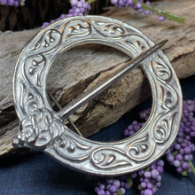 Load image into Gallery viewer, Celtic Brooch, Scotland Jewelry, Celtic Jewelry, Anniversary Gift, Outlander Jewelry, Flower Pin, Penannular Brooch, Irish Pin, Pewter Pin