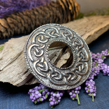 Load image into Gallery viewer, Celtic Brooch, Scotland Jewelry, Celtic Jewelry, Anniversary Gift, Outlander Jewelry, Flower Pin, Penannular Brooch, Irish Pin, Pewter Pin