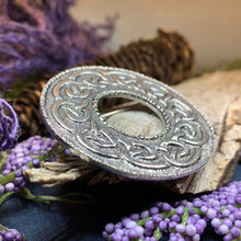 Load image into Gallery viewer, Celtic Brooch, Scotland Jewelry, Celtic Jewelry, Anniversary Gift, Outlander Jewelry, Flower Pin, Penannular Brooch, Irish Pin, Pewter Pin