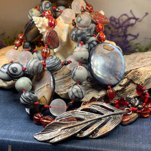 Load image into Gallery viewer, Red Skies Feather Long Necklace, Hand Knotted Necklace, Handmade Mala Necklace, Boho Necklace, Yoga Jewelry, Art Deco Necklace, Mom Gift