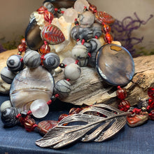 Load image into Gallery viewer, Red Skies Feather Long Necklace, Hand Knotted Necklace, Handmade Mala Necklace, Boho Necklace, Yoga Jewelry, Art Deco Necklace, Mom Gift