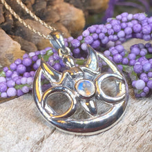 Load image into Gallery viewer, Moon Necklace, Triple Moon Pendant, Goddess Pendant, Celtic Jewelry, Anniversary Gift, Celestial Jewelry, Moonstone Necklace, Irish Jewelry