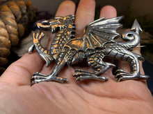 Load image into Gallery viewer, Welsh Dragon Brooch, Wales Jewelry, Extra Large Celtic Pin, Grooms Gift, Father's Day Gift, Celtic Pin, Pagan Brooch, Plaid Pin, Tartan Pin