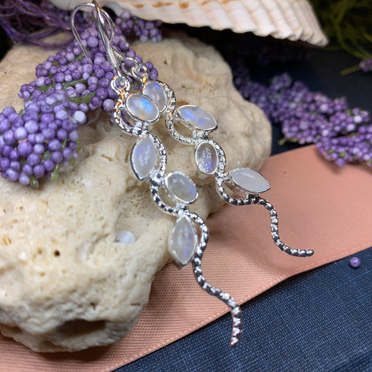 Moonstone Earrings, Moon Jewelry, Celtic Jewelry, Long Drop Earrings, Anniversary Gift, Mom Gift, Wiccan Jewelry, June Birthstone, Silver