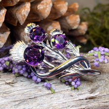 Load image into Gallery viewer, Thistle Brooch, Scotland Jewelry, Outlander Jewelry, Bridal Brooch, Thistle Jewelry, Scottish Jewelry, Celtic Brooch, Amethyst Silver Pin