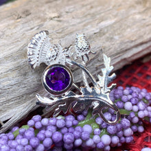 Load image into Gallery viewer, Thistle Brooch, Scotland Jewelry, Outlander Jewelry, Bridal Brooch, Thistle Jewelry, Scottish Jewelry, Celtic Brooch, Amethyst Silver Pin