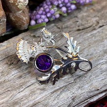 Load image into Gallery viewer, Thistle Brooch, Scotland Jewelry, Outlander Jewelry, Bridal Brooch, Thistle Jewelry, Scottish Jewelry, Celtic Brooch, Amethyst Silver Pin