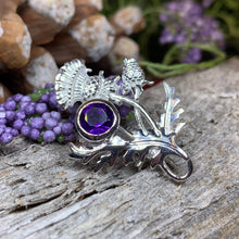 Load image into Gallery viewer, Thistle Brooch, Scotland Jewelry, Outlander Jewelry, Bridal Brooch, Thistle Jewelry, Scottish Jewelry, Celtic Brooch, Amethyst Silver Pin