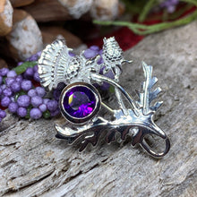 Load image into Gallery viewer, Thistle Brooch, Scotland Jewelry, Outlander Jewelry, Bridal Brooch, Thistle Jewelry, Scottish Jewelry, Celtic Brooch, Amethyst Silver Pin