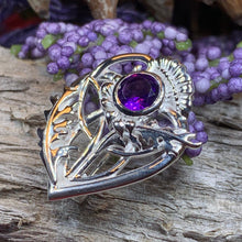 Load image into Gallery viewer, Thistle Brooch, Scotland Jewelry, Outlander Jewelry, Bridal Brooch, Thistle Jewelry, Scottish Jewelry, Celtic Brooch, Amethyst Silver Pin