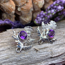 Load image into Gallery viewer, Thistle Earrings, Celtic Jewelry, Scotland Jewelry, Outlander Gift, Nature Jewelry, Thistle Jewelry, Amethyst Jewelry, Wife Gift, Mom Gift