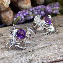 Load image into Gallery viewer, Thistle Earrings, Celtic Jewelry, Scotland Jewelry, Outlander Gift, Nature Jewelry, Thistle Jewelry, Amethyst Jewelry, Wife Gift, Mom Gift