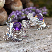 Load image into Gallery viewer, Thistle Earrings, Celtic Jewelry, Scotland Jewelry, Outlander Gift, Nature Jewelry, Thistle Jewelry, Amethyst Jewelry, Wife Gift, Mom Gift