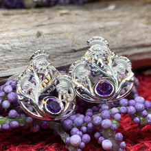 Load image into Gallery viewer, Thistle Earrings, Celtic Jewelry, Scotland Jewelry, Outlander Gift, Nature Jewelry, Thistle Jewelry, Amethyst Jewelry, Wife Gift, Mom Gift