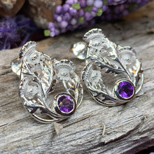 Load image into Gallery viewer, Thistle Earrings, Celtic Jewelry, Scotland Jewelry, Outlander Gift, Nature Jewelry, Thistle Jewelry, Amethyst Jewelry, Wife Gift, Mom Gift