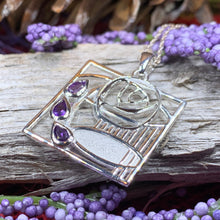 Load image into Gallery viewer, Mackintosh Necklace, Scottish Jewelry, Amethyst Pendant, Celtic Jewelry, Art Deco Pendant, Anniversary Gift, Scotland Necklace, Wife Gift
