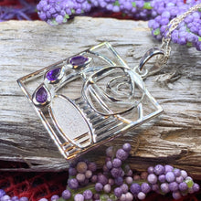 Load image into Gallery viewer, Mackintosh Necklace, Scottish Jewelry, Amethyst Pendant, Celtic Jewelry, Art Deco Pendant, Anniversary Gift, Scotland Necklace, Wife Gift
