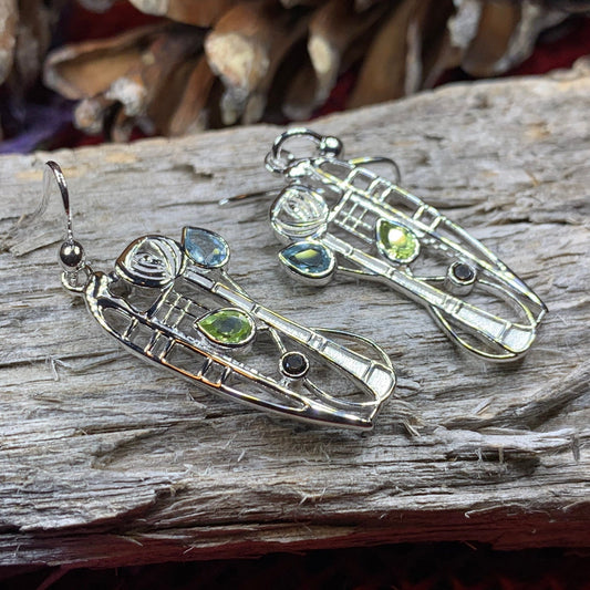 Mackintosh Earrings, Scotland Jewelry, Scottish Jewelry, Art Deco Jewelry, Anniversary Gift, Flower Earrings, Nature Jewelry, Peridot Gift