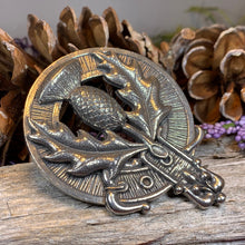 Load image into Gallery viewer, Thistle Brooch, Celtic Jewelry, Scottish Pin, Scotland Brooch, Celtic Brooch, Anniversary Gift, Cap Badge Pin, Bagpiper Gift, Plaid Pin