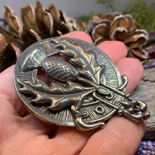 Load image into Gallery viewer, Thistle Brooch, Celtic Jewelry, Scottish Pin, Scotland Brooch, Celtic Brooch, Anniversary Gift, Cap Badge Pin, Bagpiper Gift, Plaid Pin