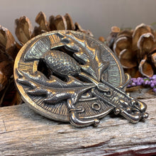 Load image into Gallery viewer, Thistle Brooch, Celtic Jewelry, Scottish Pin, Scotland Brooch, Celtic Brooch, Anniversary Gift, Cap Badge Pin, Bagpiper Gift, Plaid Pin