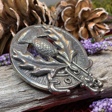 Load image into Gallery viewer, Thistle Brooch, Celtic Jewelry, Scottish Pin, Scotland Brooch, Celtic Brooch, Anniversary Gift, Cap Badge Pin, Bagpiper Gift, Plaid Pin
