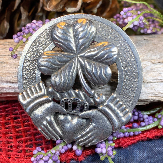 Claddagh Brooch, Celtic Jewelry, Irish Pin, Shamrock Brooch, Ireland Brooch, Anniversary Gift, Cap Badge Pin, Bagpiper Gift, Plaid Pin