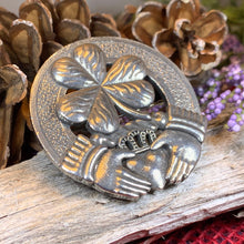 Load image into Gallery viewer, Claddagh Brooch, Celtic Jewelry, Irish Pin, Shamrock Brooch, Ireland Brooch, Anniversary Gift, Cap Badge Pin, Bagpiper Gift, Plaid Pin