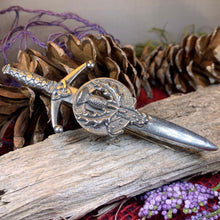 Load image into Gallery viewer, Thistle Kilt Pin, Sword Pin, Scottish Brooch, Scotland Jewelry, Celtic Pin, Tartan Pin, Thistle Jewelry, Groom Gift, Dad Gift, Bagpiper Gift