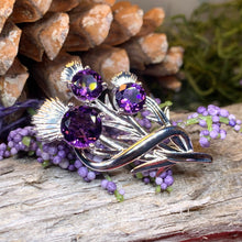 Load image into Gallery viewer, Thistle Brooch, Scotland Jewelry, Outlander Jewelry, Bridal Brooch, Thistle Jewelry, Scottish Jewelry, Celtic Brooch, Amethyst Silver Pin